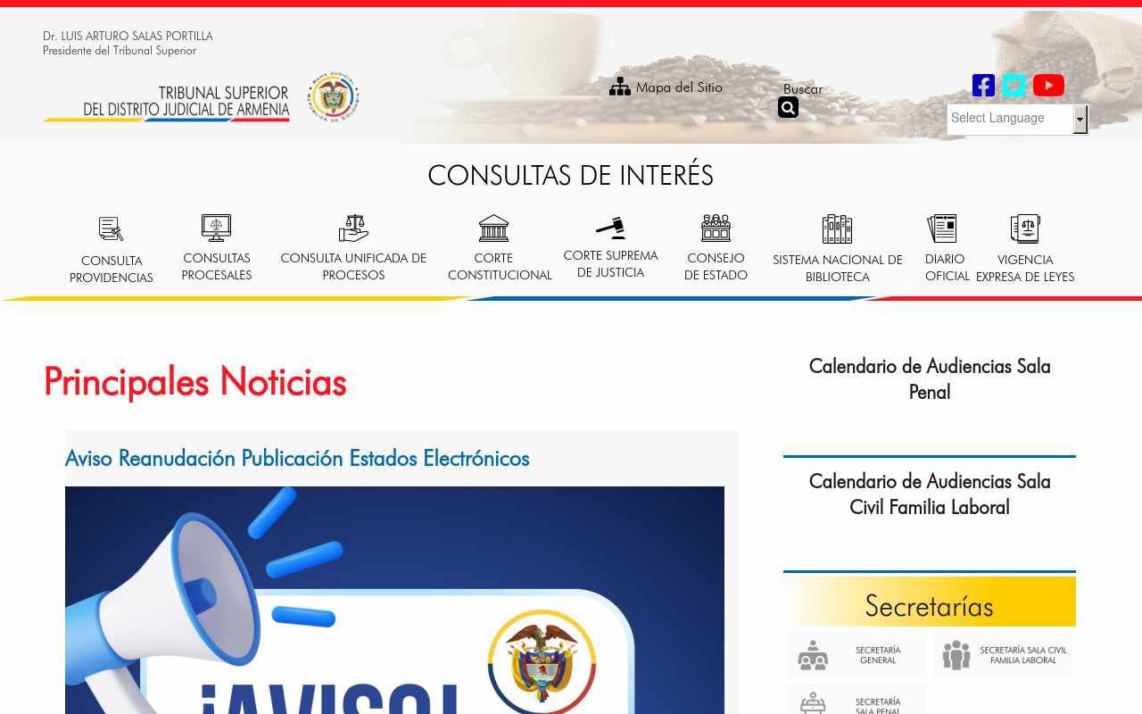 Pantalla de tribunalsuperiorarmenia.gov.co