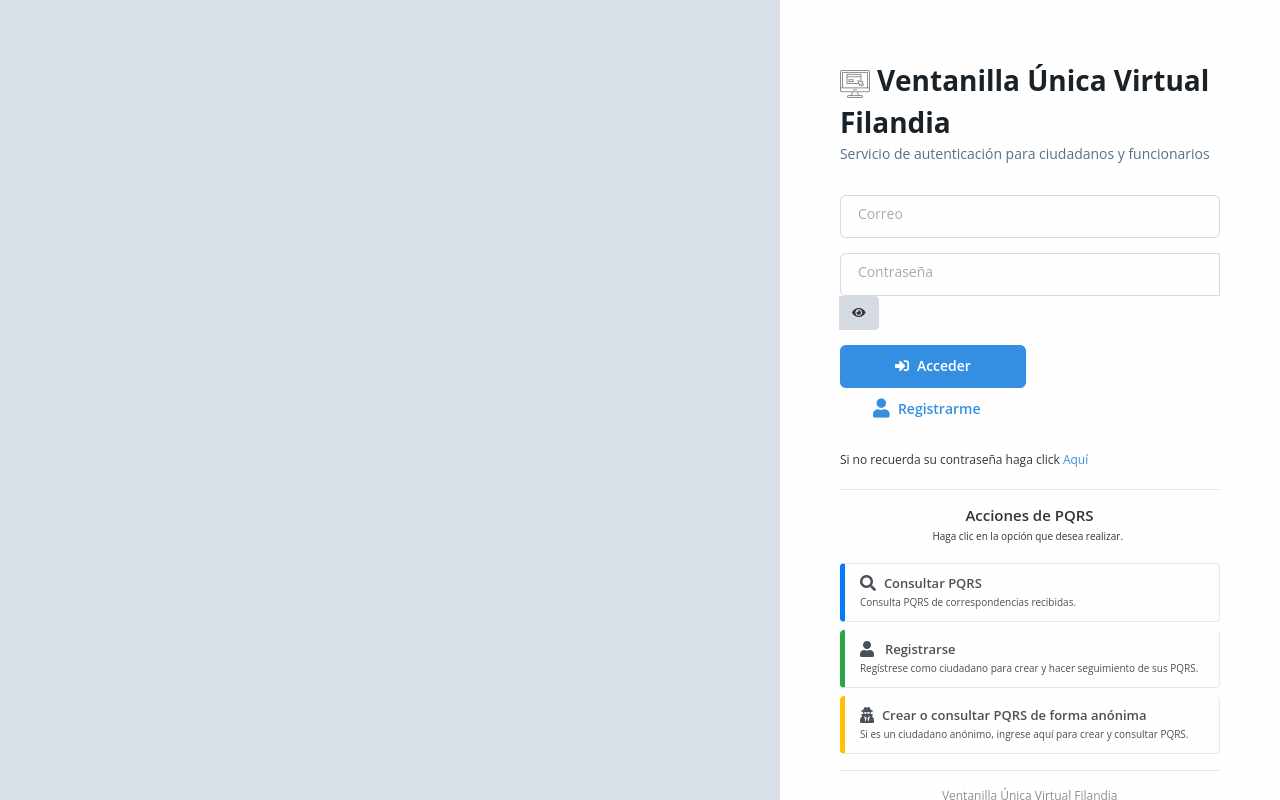 Pantalla de ventanillaunicavirtualfilandia.gov.co